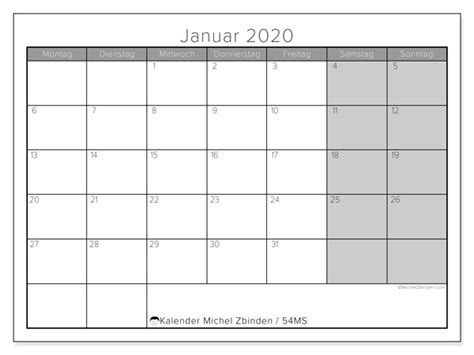 Über soziale medien) über themen rund um den webshop. Kalender Januar 2020 - 54MS - Michel Zbinden DE
