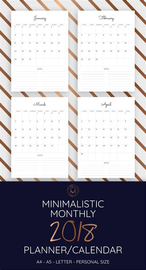 Minimalistic Monthly Planner And Calendar For 2018 Monthly Calendar