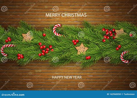 Christmas Vector On Brick Background With Wishes Pine Branches