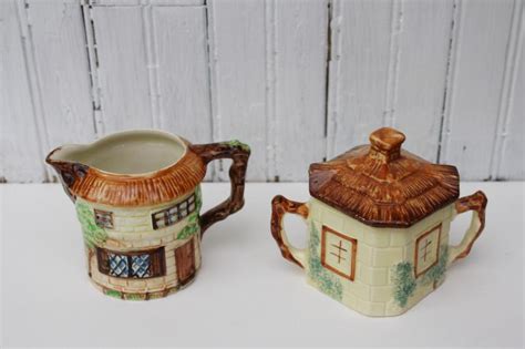 Vintage Cottage Ware Pottery Cream And Sugar English Tudor Thatched Cottages