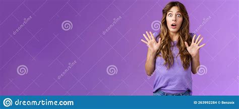 Ambushed Shocked Girl Gasping Not Expect Friend Jump Out Corner Raise Palms Surprised Astonished
