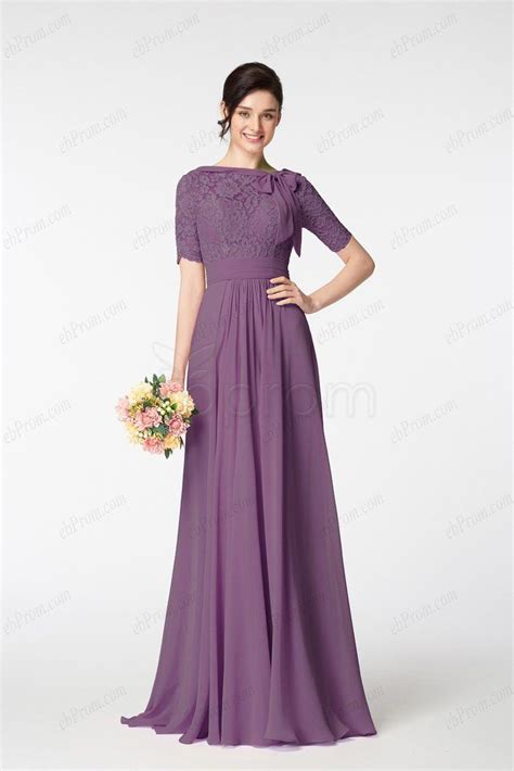 Dusty Purple Modest Bridesmaid Dresses Elbow Sleeves Bridesmaid