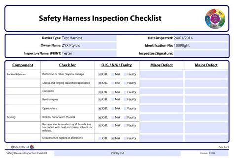 Safety Harness Inspection Checklist Within Certificate Of For Printable
