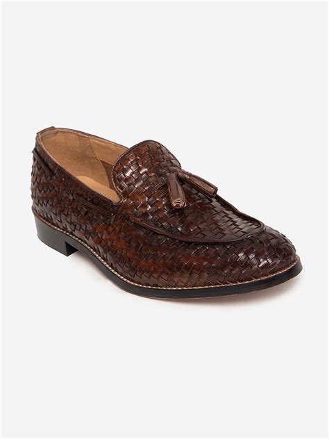 Buy Genuine Leather Brown Woven Tassel Loafers For Men