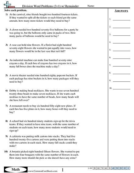 The activity provided in the third grade math worksheet on division word problems is very important for the kids. Division Worksheets - Division Word Problems (3÷1) w/ Remainder worksheet en 2020 | Multiplicacion