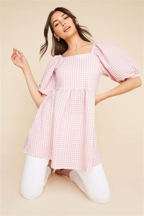 Lts Pink Gingham Square Neck Milkmaid Top Long Tall Sally
