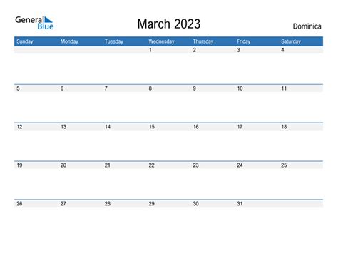 Dominica March 2023 Calendar With Holidays