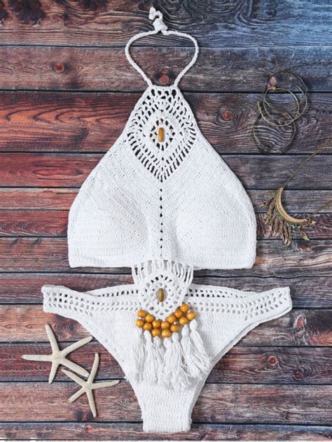 [24 off] 2021 crochet high neck openwork bikini set in white zaful