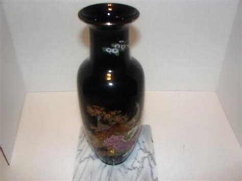 Vintage Interpur Oriental Floral Peacocks Black Vase 11 1 2 Inches Tall