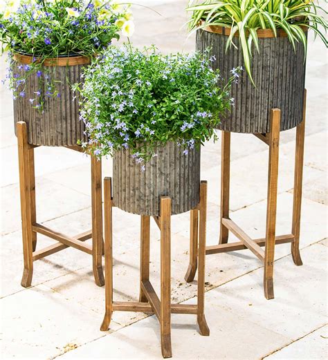 Corrugated Galvanized Metal Planter With Wooden Stand Set Of 3 Wind