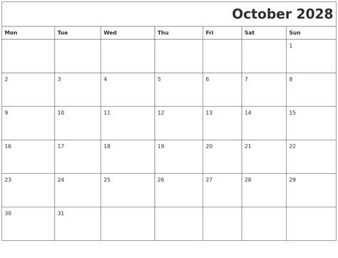 October 2028 Download Calendar