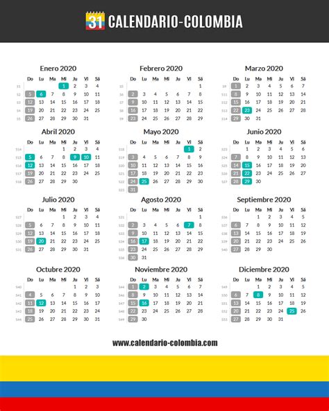 Calendario Colombia 2020 Con Festivos Para Imprimir