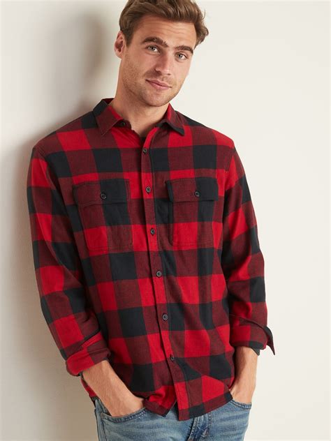 Regular Fit Built In Flex Plaid Flannel Shirt For Men Mens Red
