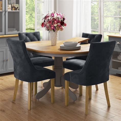 The rectangle dining table features a trestle style base, perfecting the rustic, farmhouse style. Round Extendable Dining Table with 4 Velvet Chairs in Grey ...