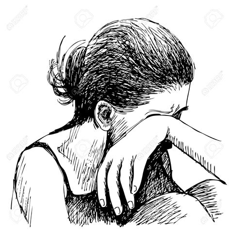 Human Emotion Sketch Sad Girl Hand Drawn On White Background