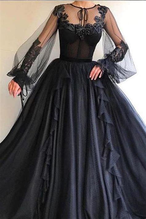 long sleeves appliques black ball gown formal prom dresses evening grad dress detailed black