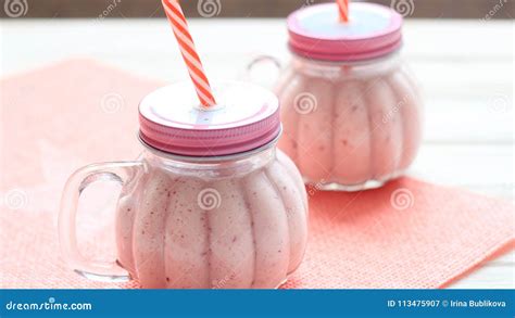 Healthy Strawberry Smoothie In A Mason A Jar Mug Stock Image Image Of Healthy Dairy 113475907