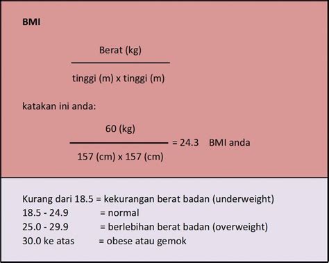 Bmi = berat badan (kg) ÷ (tinggi x tinggi) (metre). ..:ulaumelengkauataspagau:..: BMI ( body mass index )