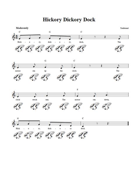 hickory dickory dock 12 hole ocarina sheet music and tab with chords and lyrics