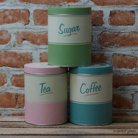 Set Of 3 Retro Tea Coffee Sugar Storage Tins Canisters Vintage Pastel