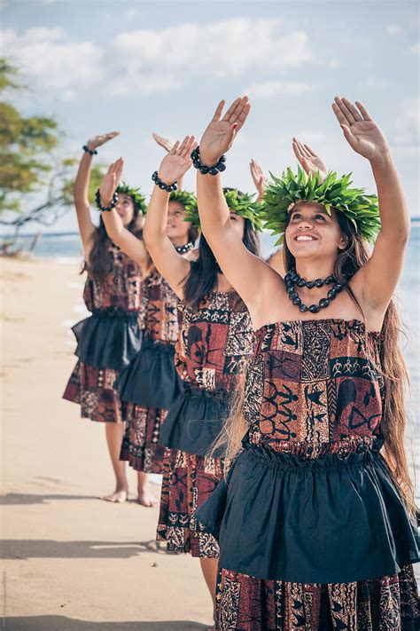 Group Of Teenage Traditional Hawaiian Hula Dancers Performing On The