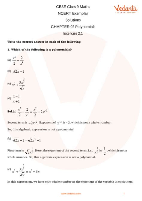 Ncert Exemplar For Class 9 Maths Chapter 2 Polynomials Book Solutions