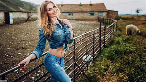 wallpaper fence evgeny freyer jeans farm long hair blonde women outdoors 1920x1080