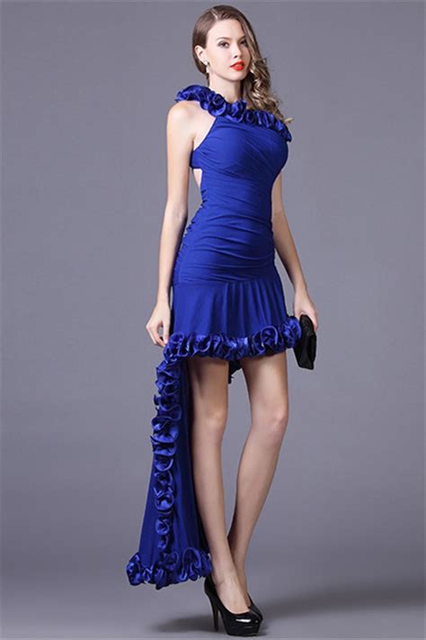 Sexy One Shoulder Backless Cut Out High Low Royal Blue Floral Prom Dress