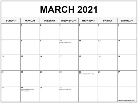 Collection Of March 2021 Calendars With Holidays Calendar Template 2021