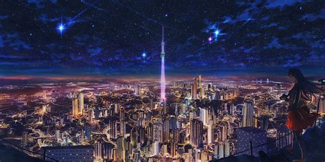 Night Sky Urban Sky Anime Starry Night Windy Standing Pixiv Cityscape Lights Outdoors