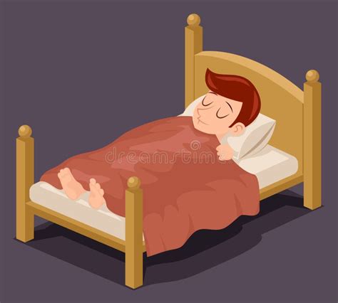 Sleep Man Bed Rest Night Blanket Pillow Cartoon Design Vector