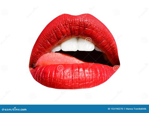 Mouth With Tongue Red Lips And White Teeth Isolated On White Background Sensual Lips Smile