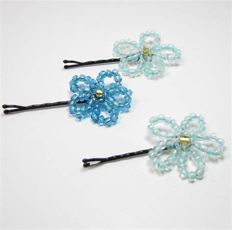Beaded Flower Bobby Pins Girls Hair Pins Blue Seed Bead Jewelry Beaded