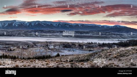 Frosty Winter Dawn From Ridge Above Grey Lake With Hawkdun Range Behind