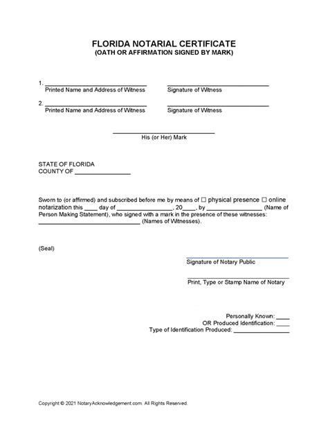 Free Florida Notarial Certificate Oath Or Affirmation Signed By Mark