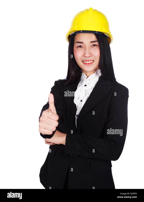 Happy Young Business Woman Engineer With Thumbs Up Gesture Isolated On