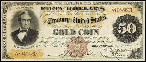 1882 Fifty Dollar Gold Certificate Triple Signatureworld Banknotes
