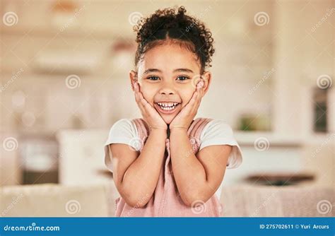 Girl Child Surprise Smile And Portrait In Home Living With Happiness