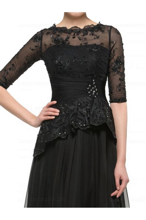 Long Black 3 4 Length Sleeves Lace Chiffon Mother Of The Bride Dresses