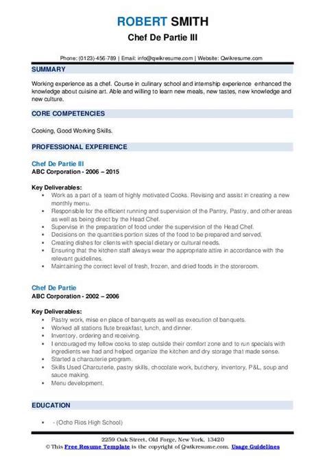 Chef De Partie Resume Samples Qwikresume