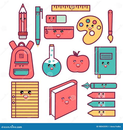 Kawaii Cute Happy School Supplies Set Stock Vector Illustration Of