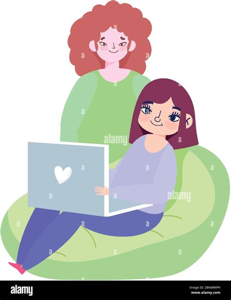 Working Remotely Group Women With Laptop Computer Vector Illustration