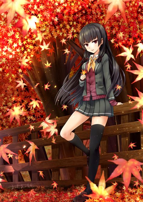 Safebooru 1girl Absurdres Alternate Costume Asymmetrical Legwear Autumn Leaves Black Hair