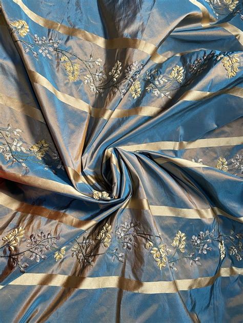 Designer Lady Lana 100 Silk Taffeta Embroidery Fabric Teal And Peach