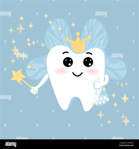 Cute Cartoon Tooth Fairy With A Magic Wand On A Blue Background Blue