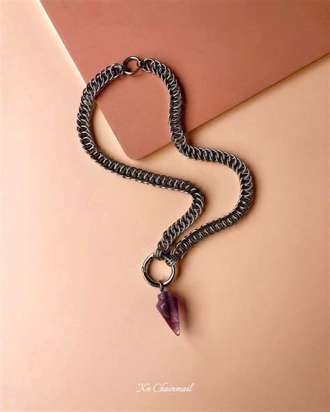 Chainmail Necklace With An Amethyst Pendulum Etsy Chainmail