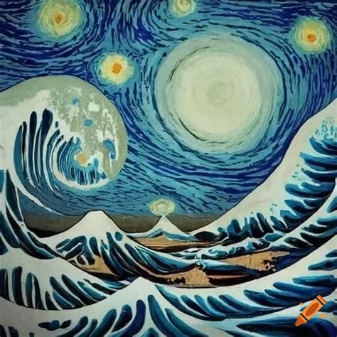 Mashup Of Van Goghs Starry Night And The Great Wave Off Kanagawa On