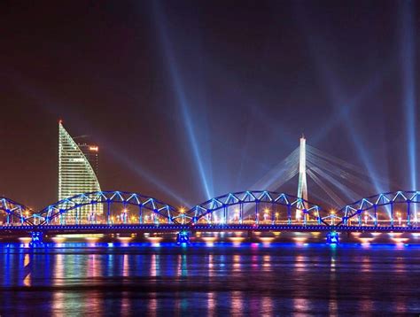 City Lights Riga City Bridge Urban Water Front Latvia Batic