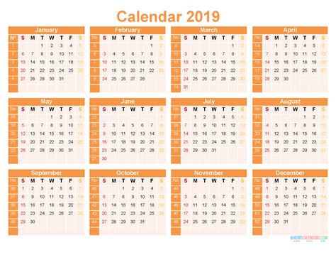 Printable 2019 12 Month Calendar Template Free Landscape