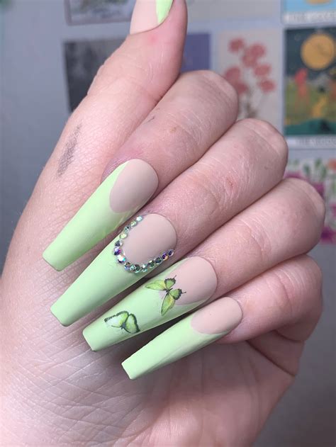 Matte Sage Green French Tip Press On Nails With Butterflies Etsy